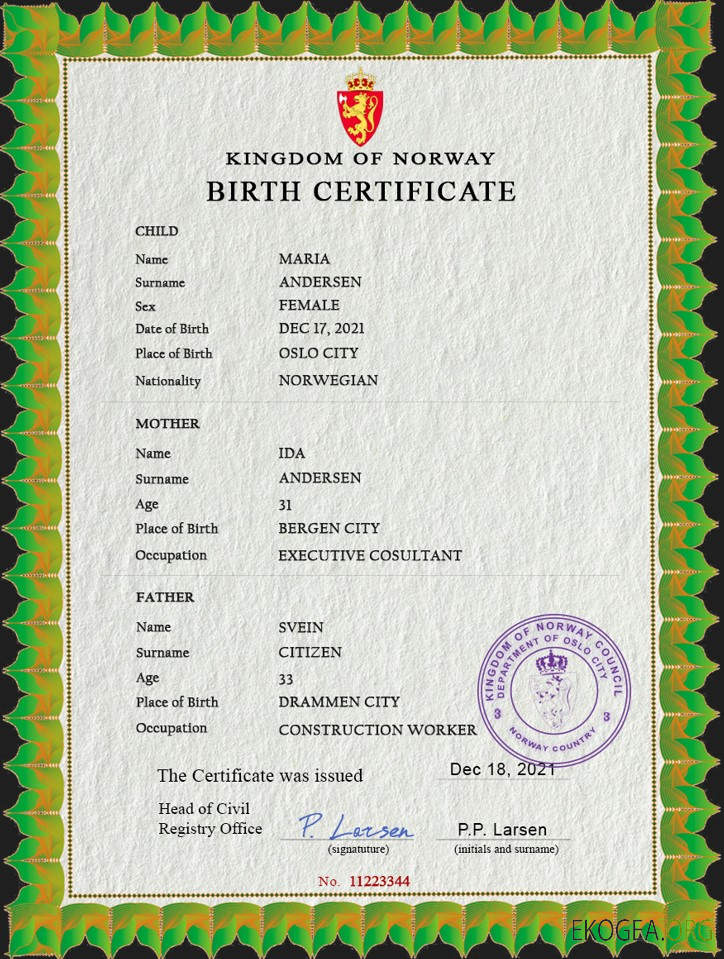 Modèle PSD de certificat de naissance en Norvège